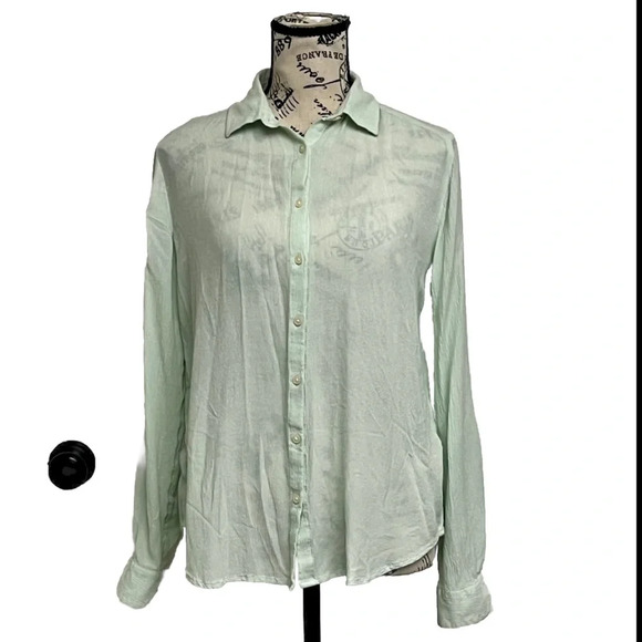 Ann Taylor Mint Green Button Up Semi Sheer Blouse Casual Modest Mature Womens S - Picture 1 of 9